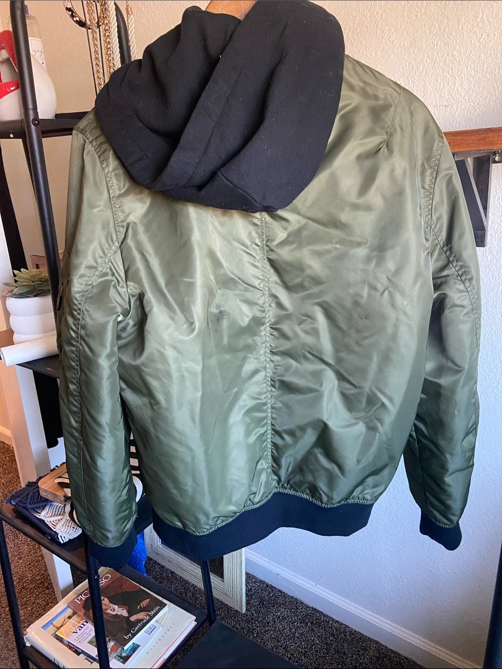 Express Olive Green Bomber Jacket with Black Hood - Picture 2 of 6